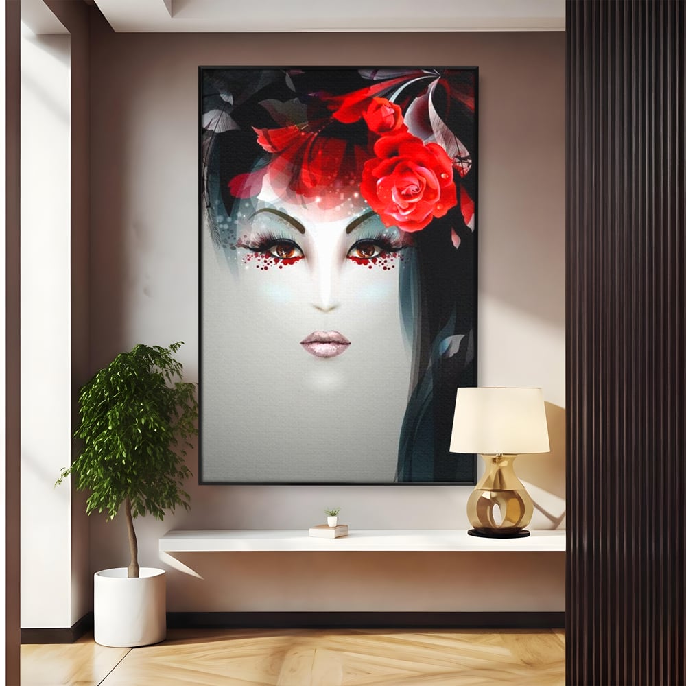 Tablou canvas cu tablou portret feminin cu trandafiri rosii, in rama de aluminiu negru